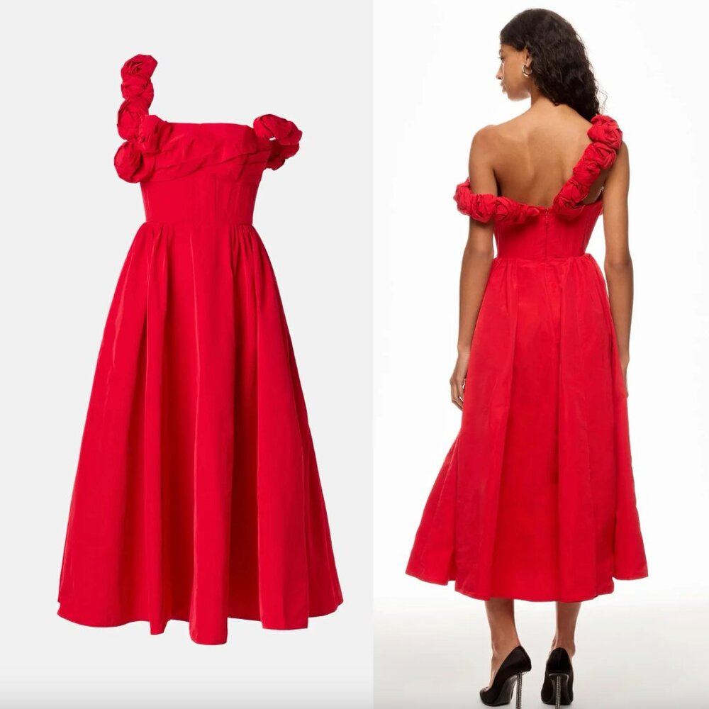 Rachel Gilbert Henley Strap Maxi Dress in Red Floral Formal Off Shoulder Gown 6